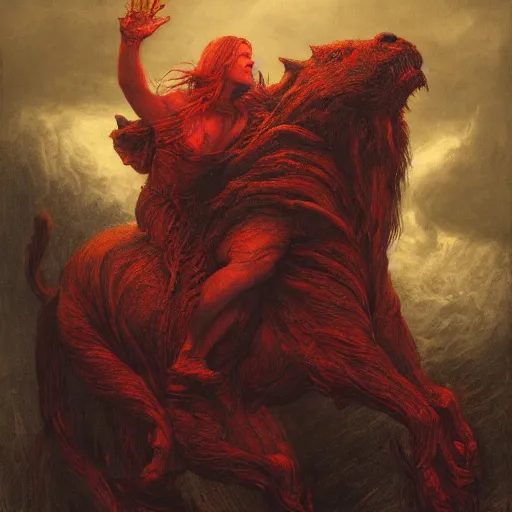 Image similar to a masterpiece! photographic portrait of a scarlet - colored!! beast!! with seven heads!! and ten horns!! by gustave dore and sam spratt and allen williams, trending on artstation, cgsociety, 8 k hd, earthtone colors, a cloaked woman riding the back of the beast