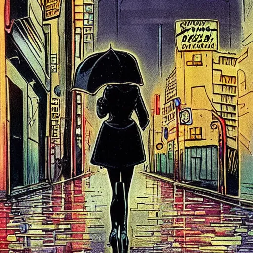 Image similar to girl in leather jacket walking down rainy city street at night, surreal, Ralph Bakshi