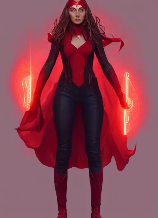 Image similar to Scarlet Witch, full body portrait, hyper detailed, digital art, trending in artstation, cinematic lighting, studio quality, smooth render, unreal engine 5 rendered, octane rendered, art style by klimt and nixeu and ian sprigger and wlop and krenz cushart