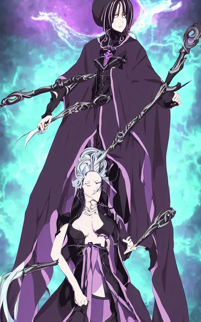 Image similar to an attractive anime female necromancer mage symmetrical, donned in black cloak with purple staff full body in frame