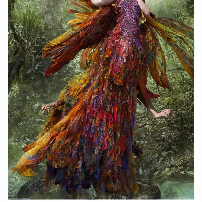 Image similar to a fashion editorial of sadie sink as a brightly colored eagle amphibian hybrid with wet translucent mutated skin. wearing a mutated organic dress. by tom bagshaw, donato giancola, hans holbein, walton ford, gaston bussiere, peter mohrbacher, brian froud and iris van herpen. 8 k, cgsociety