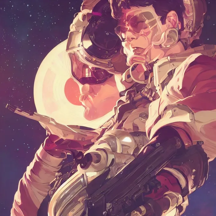 Image similar to anime portrait space pirate captain, futuristic science fiction, mucha, hard shadows and strong rim light, art by jc leyendecker and atey ghailan and sachin teng