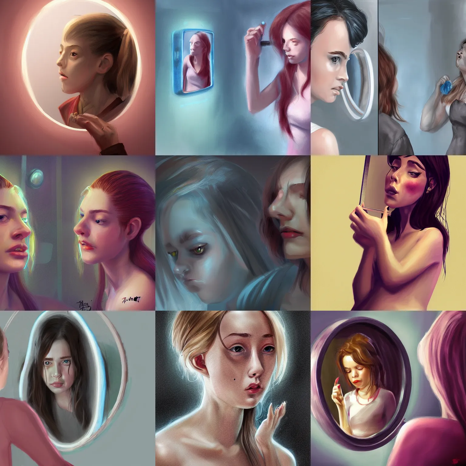 Prompt: a girl looking at herself in the mirror and seeing a monster instead, high quality, digital painting, artstation, detailed