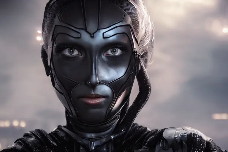 Image similar to VFX movie closeup portrait of a futuristic hero woman in black spandex armor in future city, hero pose, beautiful skin, night lighting by Emmanuel Lubezki