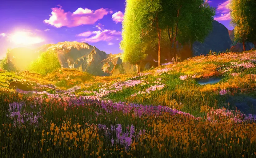 Prompt: mountain landscape in ( ( summer ) ), flowers, trees, bright landscape, dreamy light, sunny, floating particles, complementary palette, by and jacek yerga and jesse king, pop surrealist, wiccan, unreal engine, bokeh, detailed