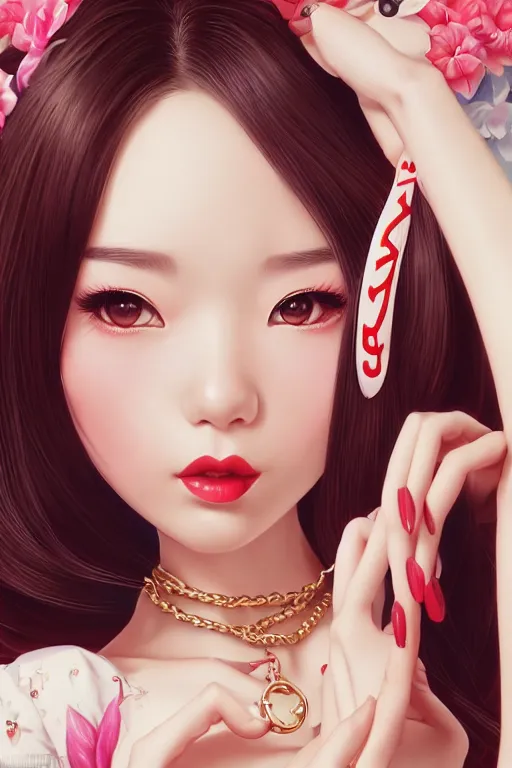 Image similar to a pin up and beautiful fashion dreamlke japan girl with lv jewelry, character art, art by artgerm and wlop and and ilya kuvshinov, hyperdetailed, 8 k realistic, symmetrical, frostbite 3 engine, cryengine, dof, trending on artstation, digital art, chanel, dior, fantasy background