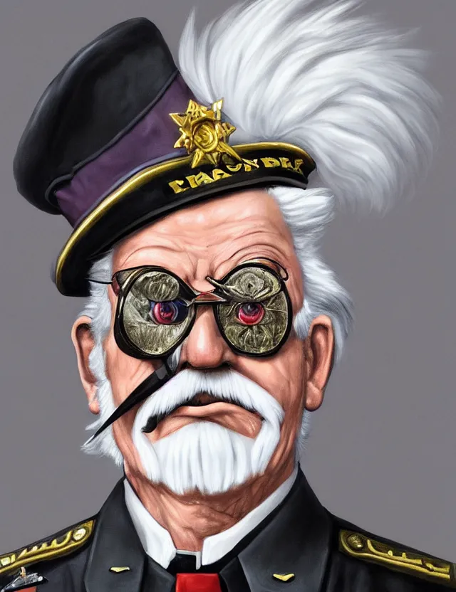 Image similar to a portrait of colonel sanders wearing a military uniform and an eyepatch, by moebius and tyler edlin and hr giger, trending on artstation, digital art, 4 k resolution, detailed, high quality, sharp focus, hq artwork, coherent, insane detail, concept art