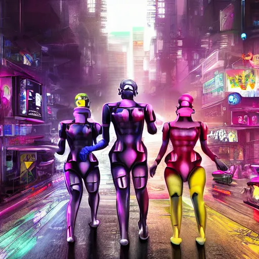 Prompt: stunning award winning hyperrealistic hdr 8 k highly detailed digital painting, trending on artstation of the wiggles cosplaying as cyborgs in futuristic cyberpunk city