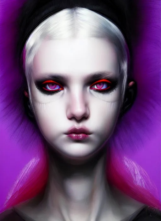 Image similar to whitebangs, black hair, black cyberlox, portrait of white teenage girl, normal face, white bangs, fluffy bangs, cyberlox, whitebangs, red contact lenses, purple background, intricate, elegant, highly detailed, digital painting, artstation, concept art, sharp focus, smooth, illustration, art by wlop, mars ravelo and greg rutkowski