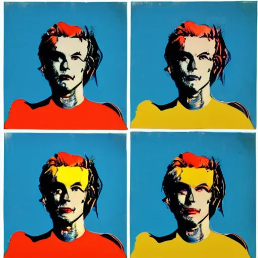 Image similar to old - style cyborg, 6 panels by andy warhol, with highly contrasted colors and an illuminating background