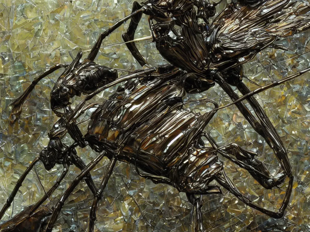 Prompt: close - up of a preying mantis made of polished obsidian, peter gric, james ryman