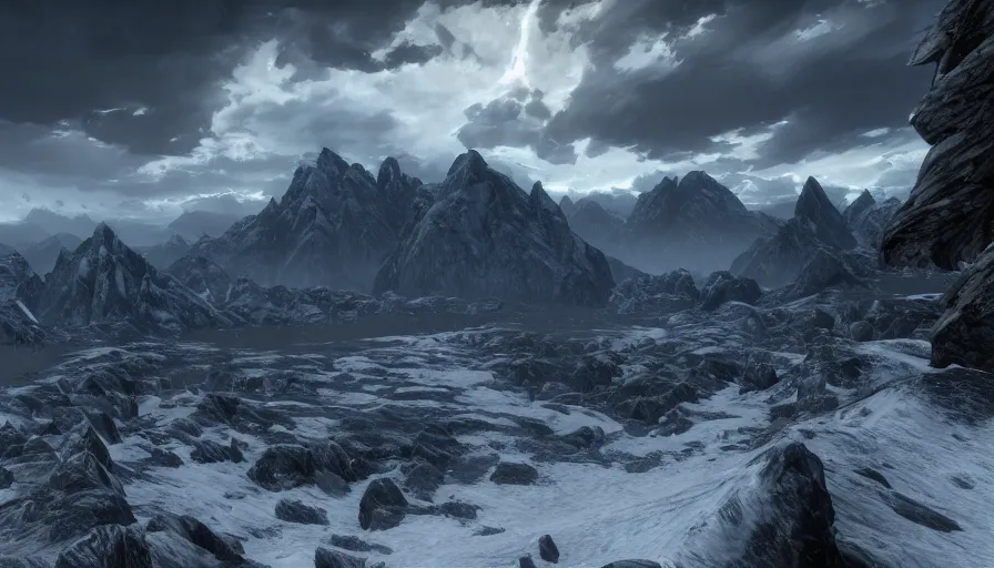 Prompt: skyrim throat of the world mountain in the distance, skyrim, elder scrolls, landscape photography, professional photography, 8k realism, hyper realism, wide shot