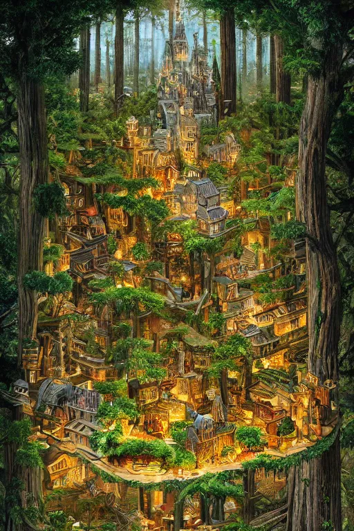 Prompt: a miniature city built into the trunk of a single colossal tree in the forest, with tiny people, in the style of james c christensen, lit windows, close - up, low angle, wide angle, awe - inspiring, highly detailed digital art