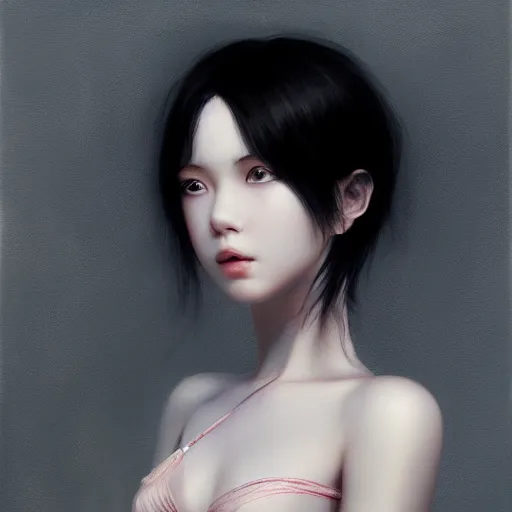 Image similar to a beautiful girl by wlop, black hair, dream, closeup, high detailed, ultra - realistic painting.
