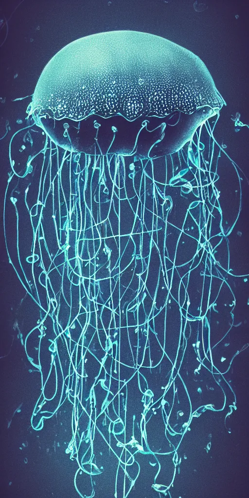 Prompt: at night, dark background, big blue jellyfish glowing in the night and emitting black ink, very close detailed closeup, wonderful details, octane render, intricate, soft focus, film grain, blue tones, bokeh, vignette, analog frame