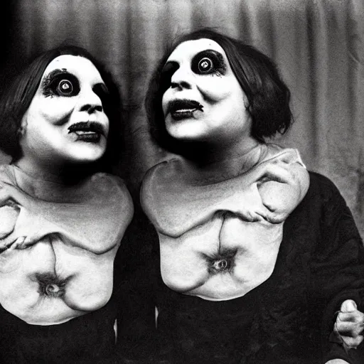 Prompt: conjoined twins, asymmetrical, basket case, freak show, ominous, disturbing, high resolution photograph