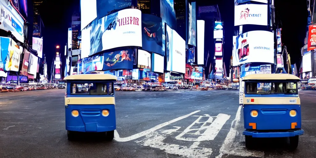 Image similar to a blue and white tuk tuk in Times Square at night, hazy, cloudy, diffused lighting, concept art, dark purple tones, shallow depth of field4k