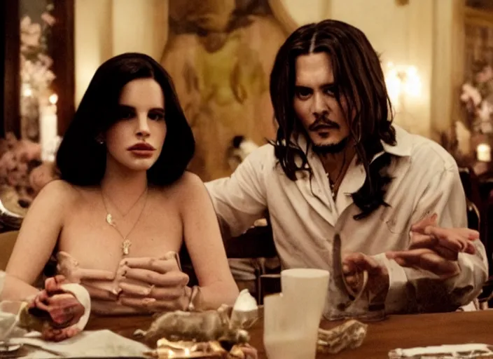 Prompt: movie still of a lana del rey with a big bust sitting at a table with johnny depp, smooth scene transition, directed by Quintin Tarantino