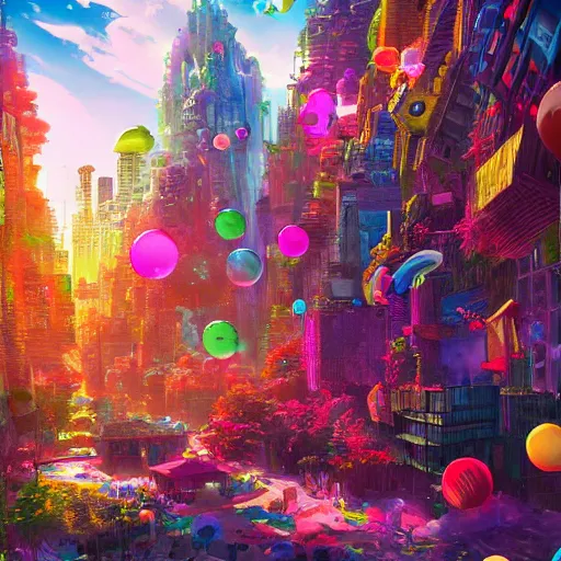 Prompt: a utopian city, filled with extremely colorful fauna, with bubbles floating around everywhere, dynamic lighting, fantasy concept art, trending on art station, stunning visuals, creative, cinematic, ultra detailed
