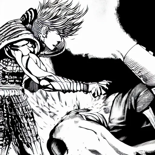 Image similar to guts killing griffith in berserk manga, black and white