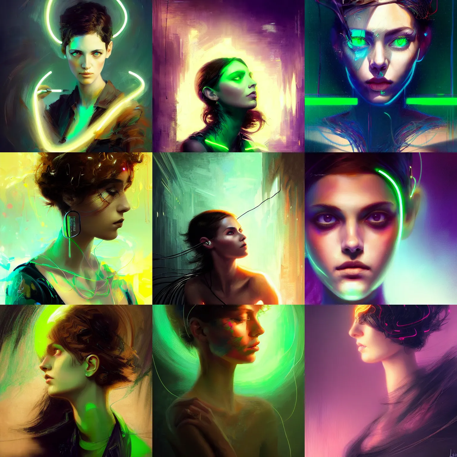 Prompt: generative art beautiful young woman, green eyes, short brown hair, thin neon wire, black background, digital painting, extremely detailed, 4 k, intricate, brush strokes, johanna martine, janusz jurek, mark arian, artgerm, bastien lecouffe - deharme, peter mohrbacher