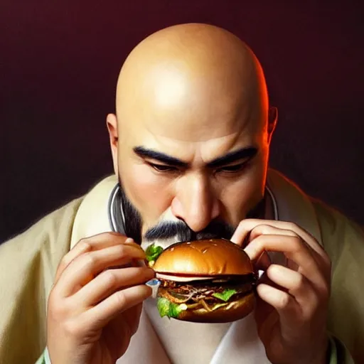 Image similar to portrait of a gengis khan eating a hamburger, extra onions and ketchup, luscious patty with sesame seeds, masculine, handsome, D&D, fantasy, intricate, elegant, highly detailed, digital painting, artstation, concept art, matte, sharp focus, illustration, art by Artgerm and Greg Rutkowski and Alphonse Mucha