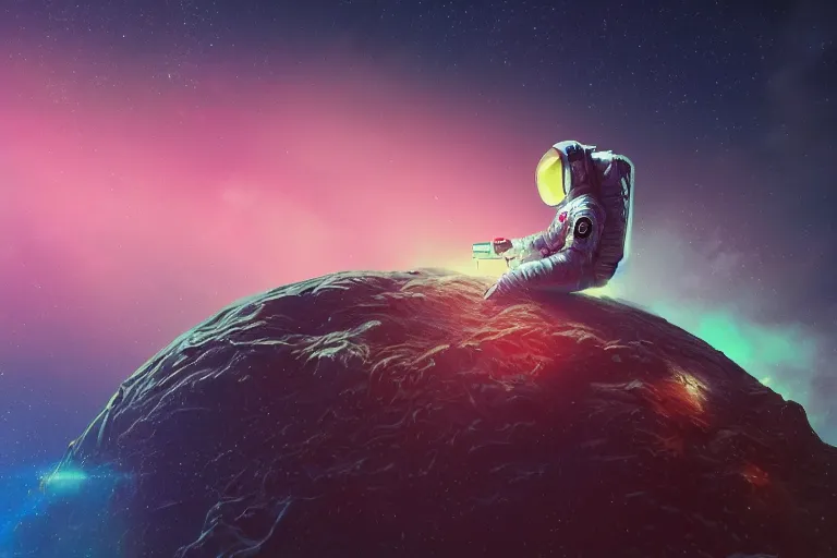 Prompt: 3 d render of an astronaut in a vivid surreal landscape, hyper realistic detailed, ruan jia, wlop, sha xi, fantasy, hyper detailed, sharp focus, depth of field, snining stars, galaxies, sunset, golden hour, octane render, concept art, trippy, ornaments, artstation, marie - gabrielle capet style, neon colors