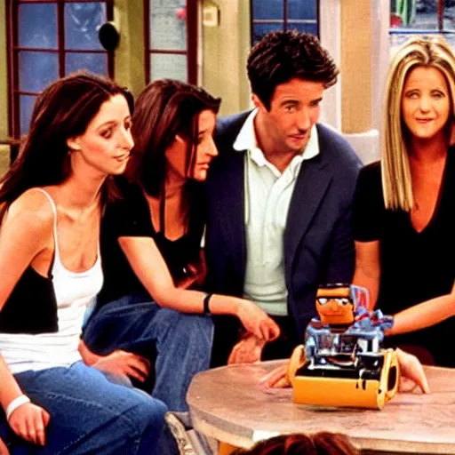 Prompt: the cast of friends assembling a robot