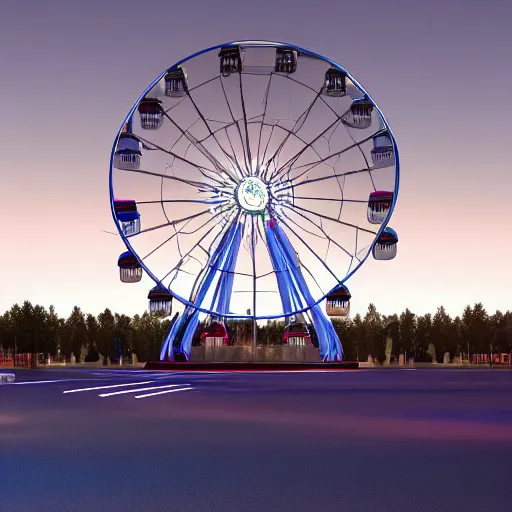 Image similar to one ferris wheel at night in an empty parking lot, hyperrealistic, concept art, octane render, unreal engine 5, trending on artstation, high quality, highly detailed, 8 k hdr, soft lighting, path traced, starry background, bloom, high coherence, symmetrical, high contrast, digital art, serene landscape, cinematic