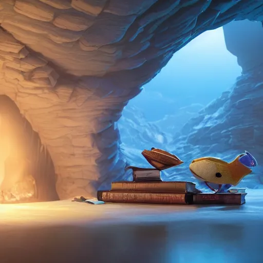 Image similar to books cave, 3 d render, incredible details, highly detailed, photorealistic, disney pixar, smooth, octane render, iridescent, 8 k