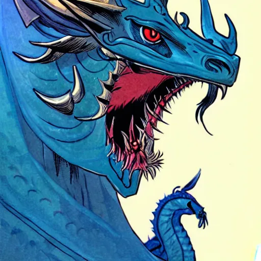 Prompt: head and shoulders porrtrait of a medieval fantasy anthropomorphic blue dragon - human hybrid with electrcity magic, fantasy, d & d, high details, art by phil noto and frank miller