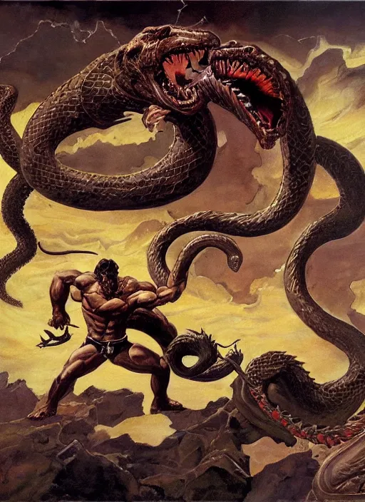 Image similar to a highly detailed symmetrical painting of conan fighting a mythical snake creature, dynamic lighting, ambient lighting, deviantart, art by frank frazetta and glenn fabry