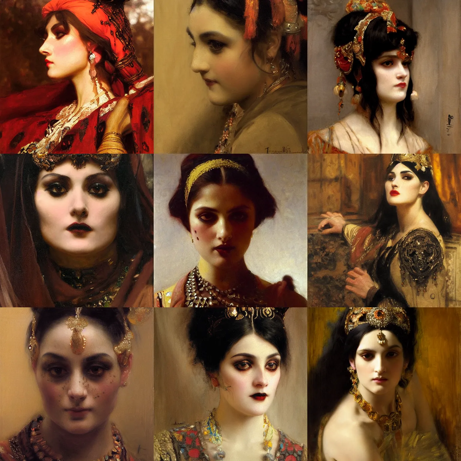 Prompt: orientalism face detail of a goth princess by theodore ralli and nasreddine dinet and anders zorn and nikolay makovsky and edwin longsden long, oil on canvas, masterful intricate artwork, excellent lighting, high detail 8 k