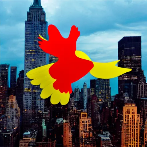 Prompt: a neonpunk avatar chicken, flying over new york