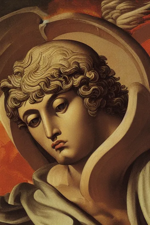 Prompt: archangel Michael, face, closeup, ultra detailed, roman clothing, fog, Guido Reni style
