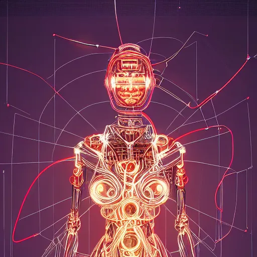 Image similar to a beautiful body of a bot pilot woman mostly made of wires and electronic circuits, an ultrafine detailed illustration by james jean, final fantasy, intricate linework, bright colors, behance contest winner, vanitas, angular, altermodern, unreal engine 5 highly rendered, global illumination, radiant light, detailed and intricate environment