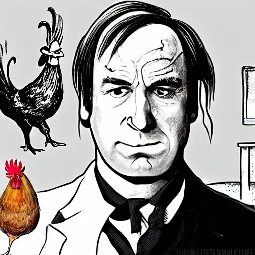 Image similar to saul goodman and a rooster in a medieval torture chamber, saw blades and knives in the background, horror movie, saul goodman, rooster!!!!!, real life photo, detailed face