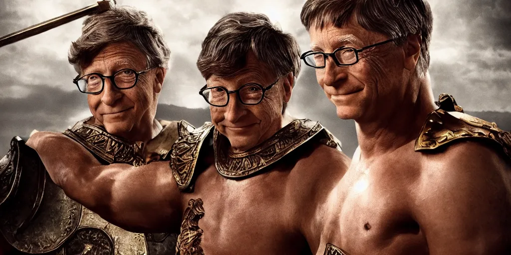 Image similar to bill gates as a glorious buff roman warrior, cinematic, dramatic lighting