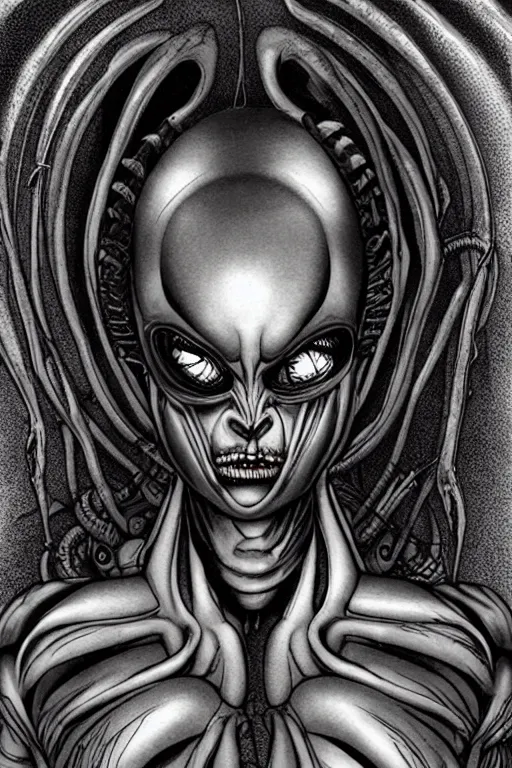 Prompt: beautiful genderless cosmic - eyed alien that is a little ominous creepy due to a few features resembling a xenomorph by hr giger.