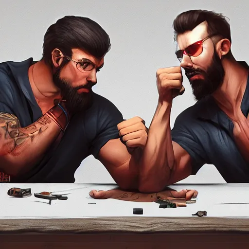 Prompt: two shady looking guys arm wrestling , made by Stanley Artgerm Lau, WLOP, Rossdraws, ArtStation, CGSociety, concept art, cgsociety, octane render, trending on artstation, artstationHD, artstationHQ, unreal engine, 4k, 8k,