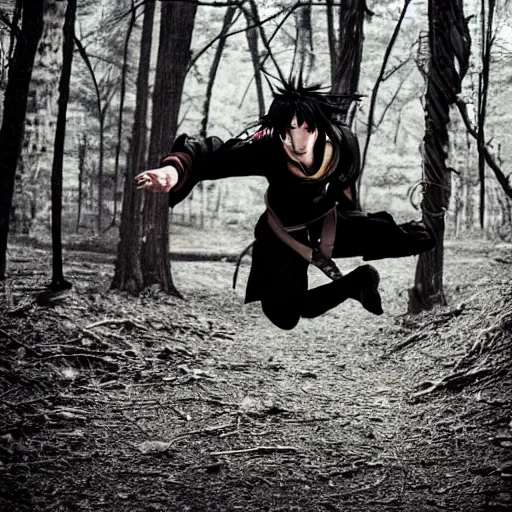 Image similar to An award winning photograph of a ninja in a moody forrest jumping, anime, steampunk, insanley detalied