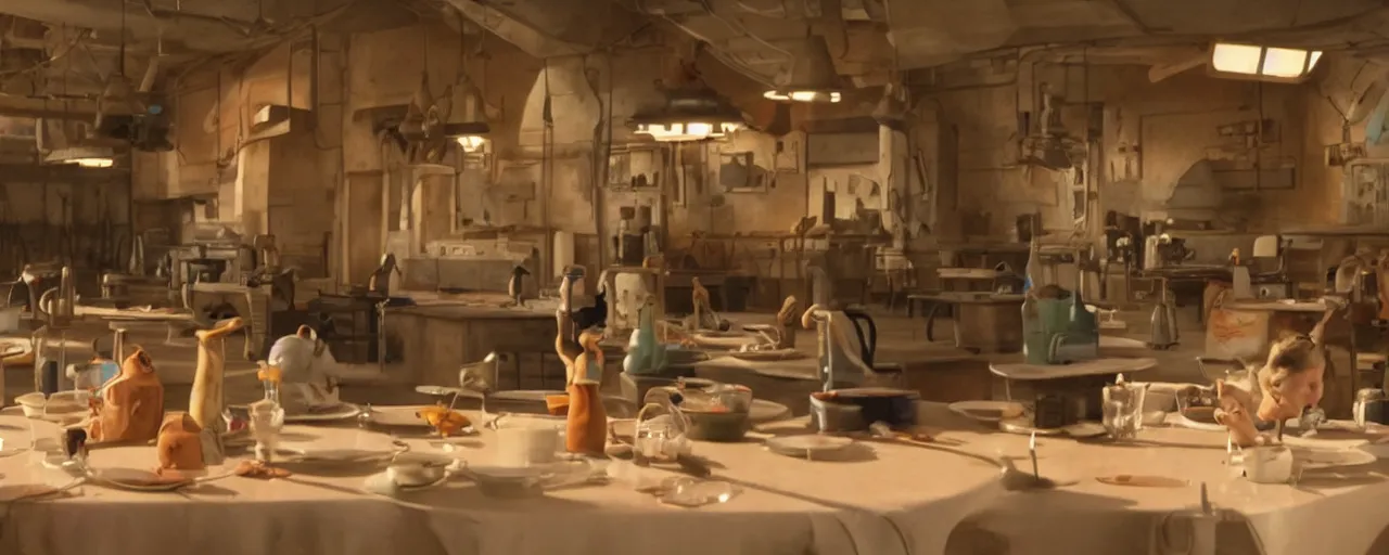 Prompt: Film still of an empty mess hall in the movie WallE, Pixar, bright cinematic lighting, Cinestill colour cinematography, anamorphic, year 3000, cat drinking milk