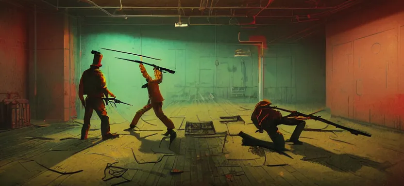 Prompt: handmade illustration of a duel with weapons in an industrial room, line art, octane render with volumetric lighting, miniatures by wes anderson, cedric peyraavernay, waste processing machinery, bladerunner, green and red radioactive swamp, by Remedios Varo and Anato Finnstark and Greg Rutkowski, dayglo pink, dayglo blue, by Craig Mullins, ilya kuvshinov, krenz cushart, artgerm, 8k, trending on ArtStation