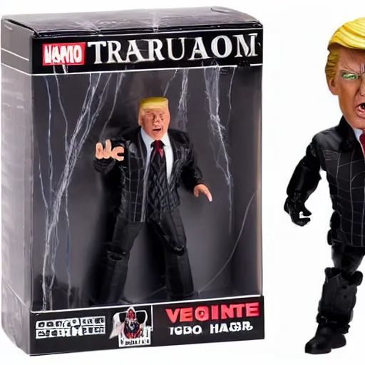 Image similar to action figure of Trump as Venom and shooting black web lines out of hair by Hasbro