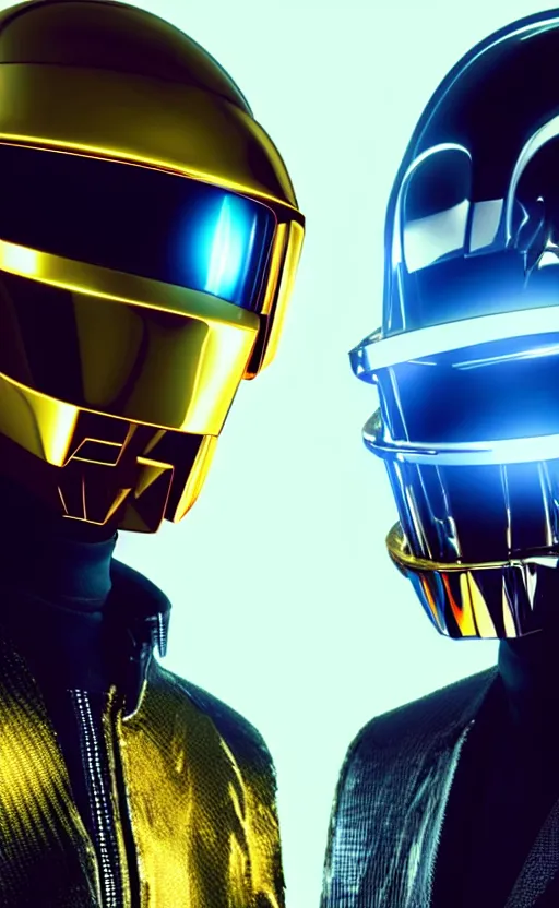 Prompt: portrait of 2 Daft Punk Robots, Cyberpunk 2077, looking at camera, intricate, dystopian, sci-fi, extremely detailed, digital rendering, octane render, artstation, concept art, smooth, sharp focus, intimidating lighting, chrome reflexions, incredible art