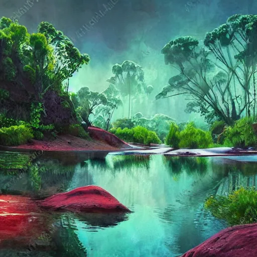 Image similar to beautiful watercolor of a lush natural scene on a colourful alien planet by vincent bons. ultra sharp high quality digital render. detailed. beautiful landscape. weird vegetation. water. soft colour scheme. grainy.