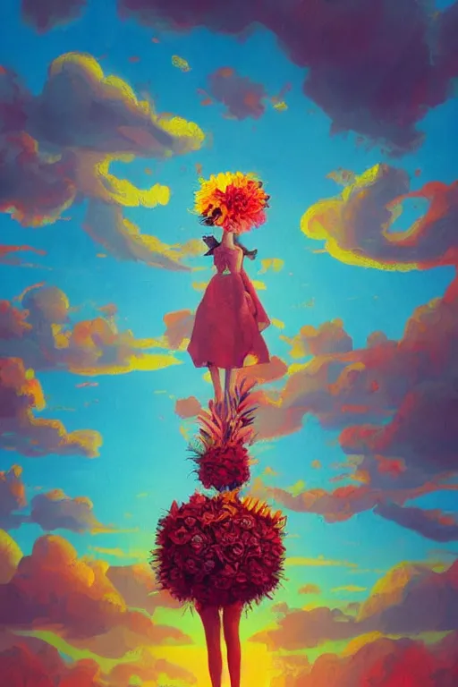 Image similar to closeup, giant flower as a head, girl surrounded by djungle, surreal photography, golden hour, colorful clouds, impressionist painting, digital painting, artstation, simon stalenhag