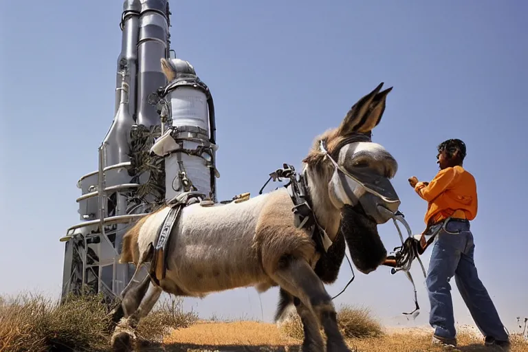 Prompt: a comically large rocket engine strapped to a donkey, photograph, ignition