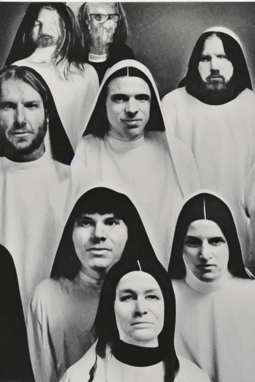 Image similar to 1970s, photo, a polaroid photo, art nouveau, dribble, Aphex Twin and a nun posing for a picture