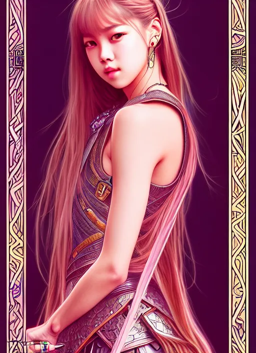 Image similar to lalisa manoban of blackpink, knight armor, tarot card, highly detailed, digital painting, smooth, sharp focus, illustration, ultra realistic, 8 k, art by artgerm and alphonse mucha